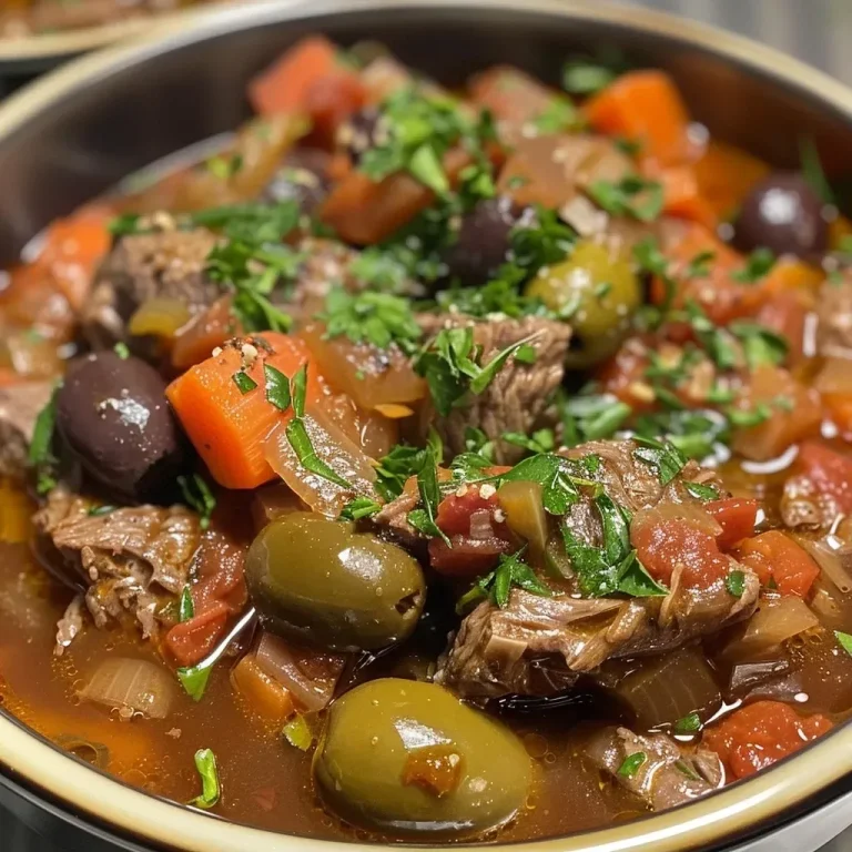 A close-up view of a hearty Mediterranean beef stew in a bowl.