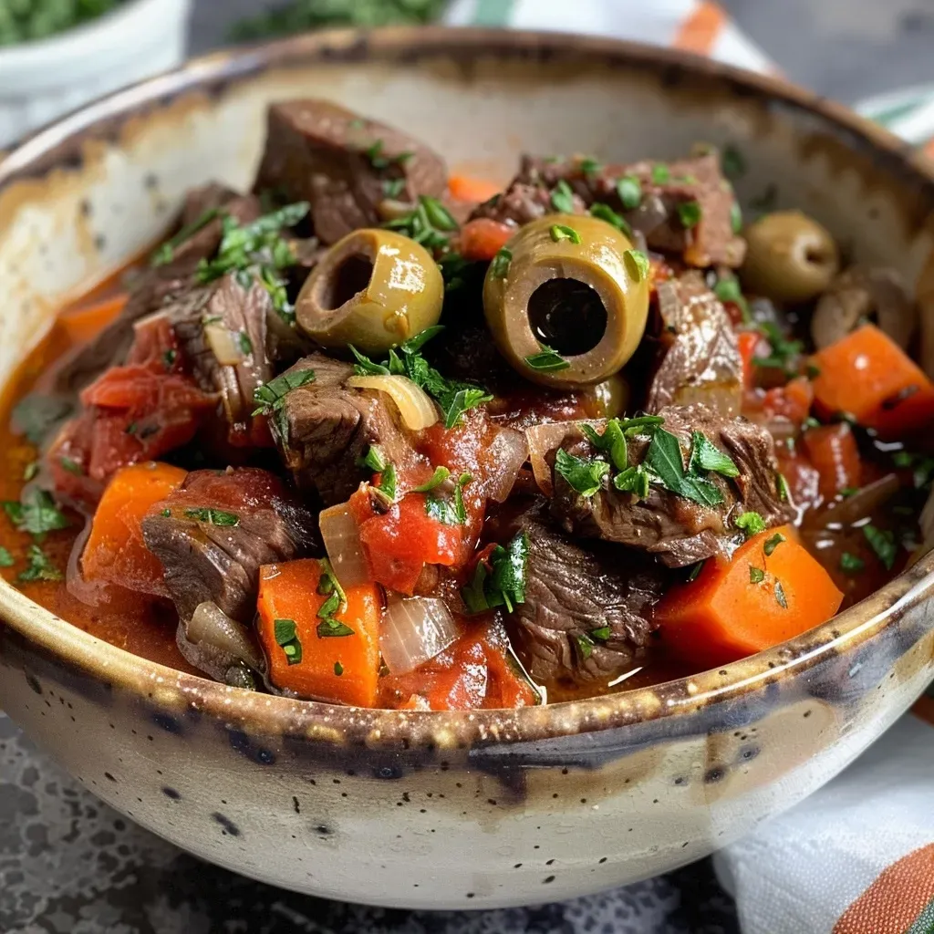 A vibrant Mediterranean beef stew with colorful ingredients visible.