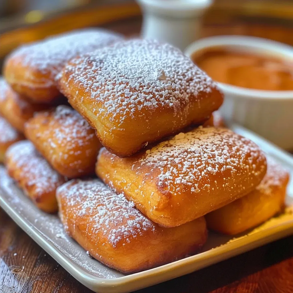 Side view of a golden-brown Mickey Mouse beignet with a chocolate dipping sauce.