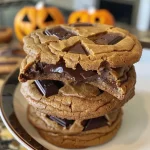 Close-up of a milk chocolate stuffed Jack-O-Lantern cookie with a carved pumpkin face.