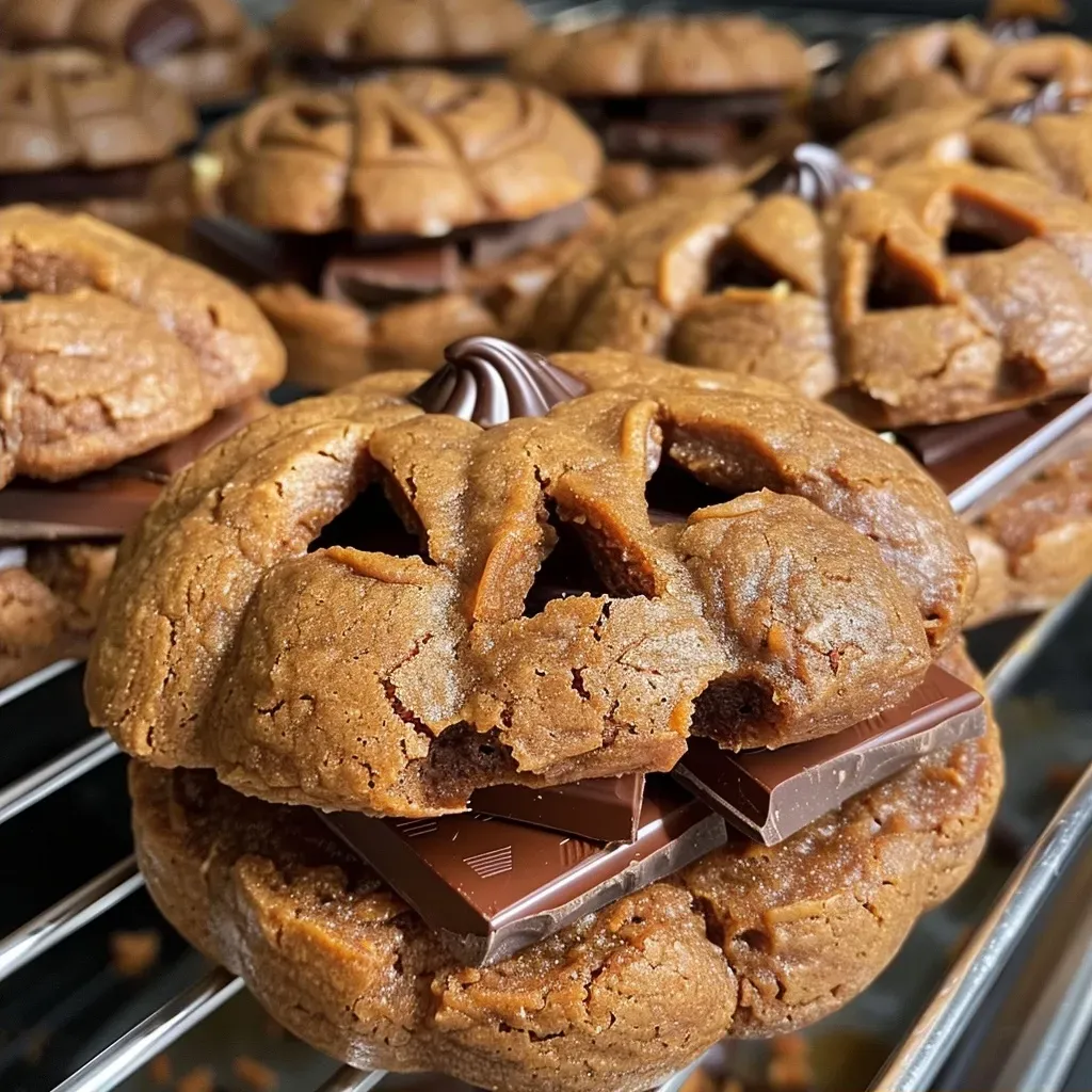 Side view of a deliciously gooey milk chocolate filled cookie shaped like a Jack-O-Lantern.