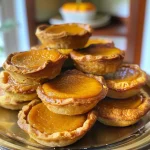 A close-up view of a mini pumpkin pie showing its flaky crust and rich orange filling.