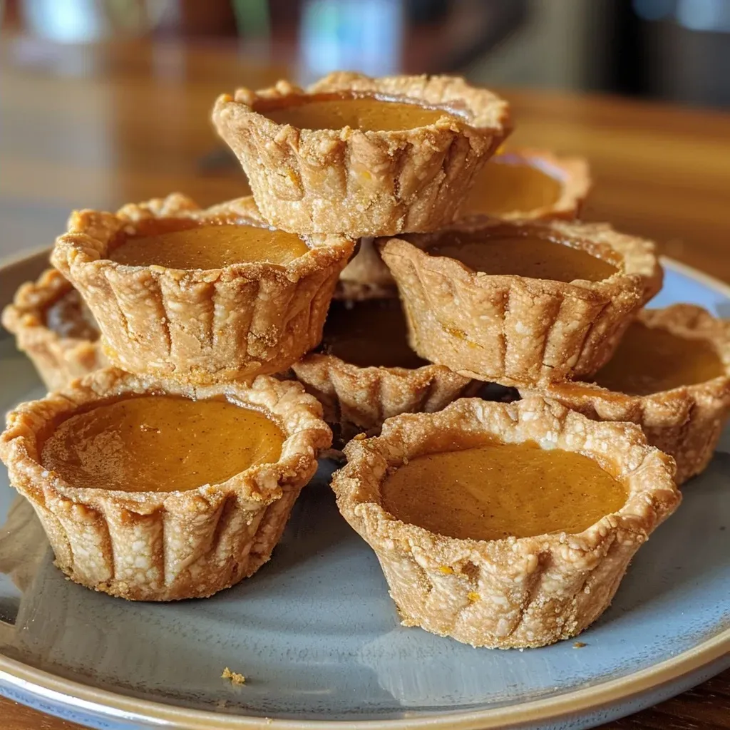 Side view of a delectable mini pumpkin pie with a golden-brown crust and creamy pumpkin center.