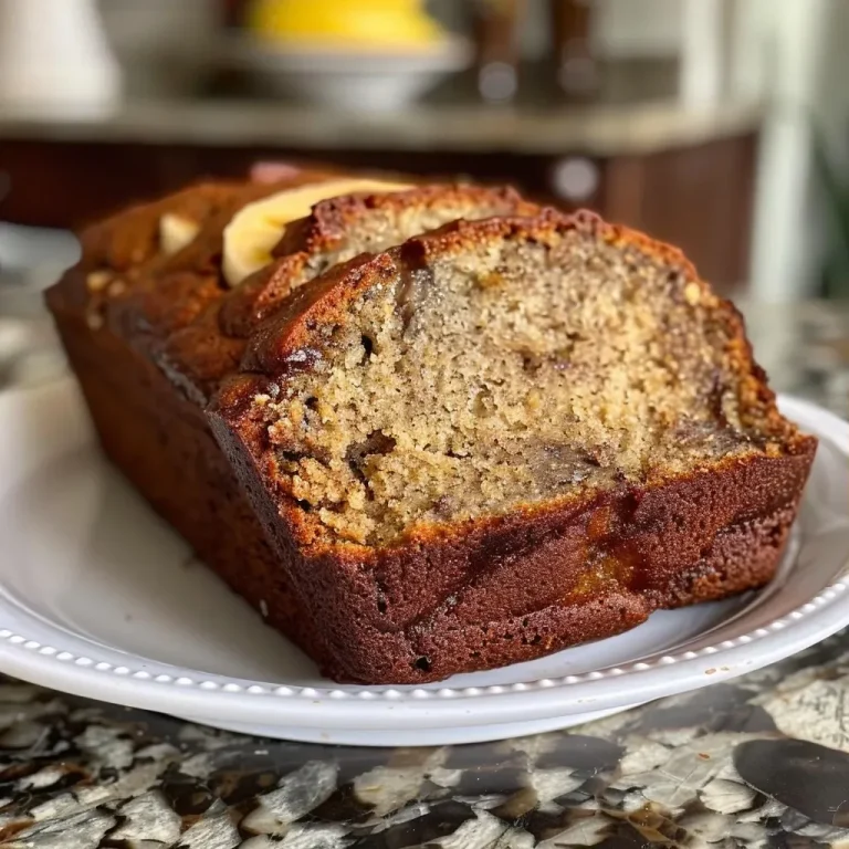 Close-up side view of moist brown butter banana bread with a golden crust.