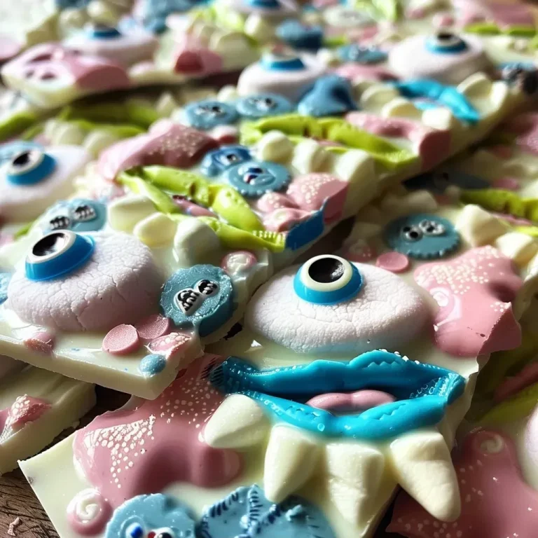 Unleashing Sweet Creativity: Crafting Molten Monster Chocolate Bark Close-up of vibrant, colorful Molten Monster Chocolate Bark with marshmallows and gummy sweets.
