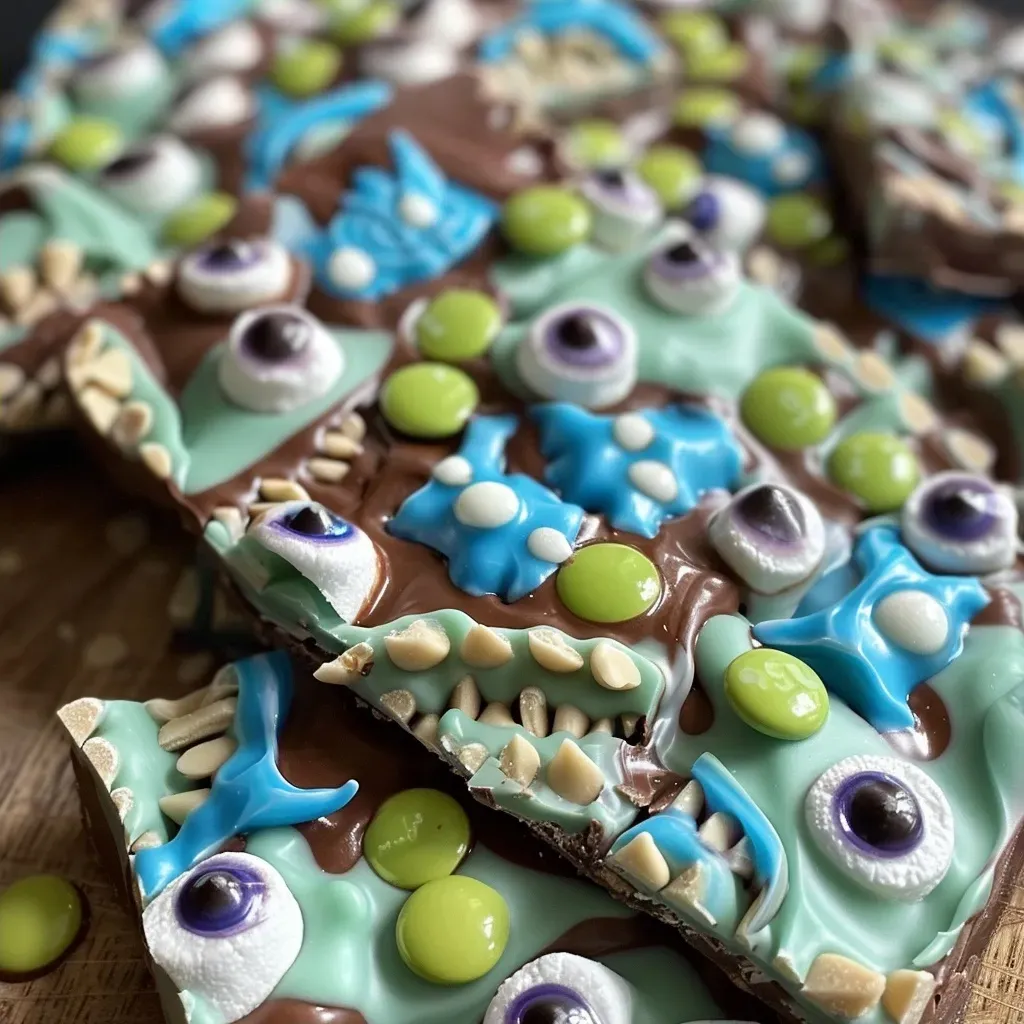 Side view of a chocolate bark layered with white chocolate and topped with edible decorations.