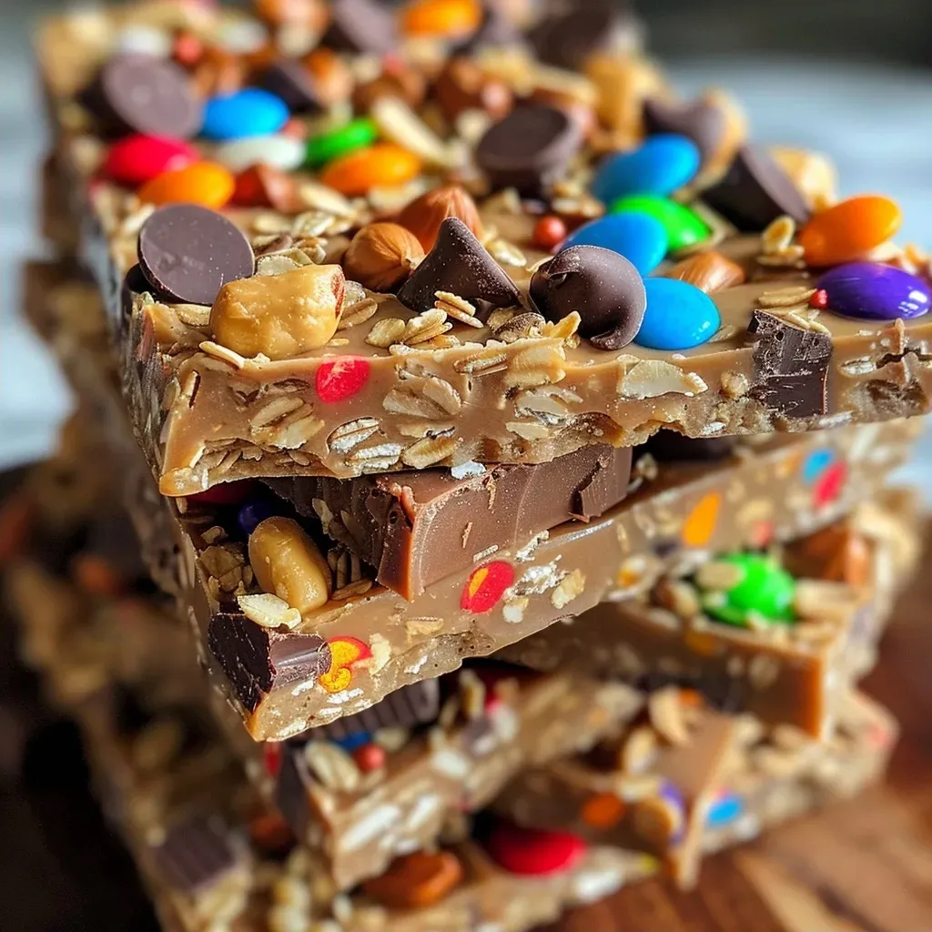 Side view of a delicious Monster Cookie Protein Bark loaded with toppings.