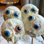 Close-up of colorful Monster Eyeball Cake Pops on a white background.