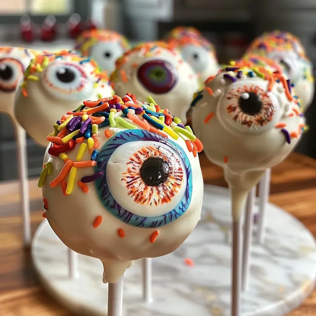 Side view of several Monster Eyeball Cake Pops with vibrant designs.