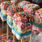 Close-up view of colorful Monster Marshmallow Pops with sprinkles and icing.