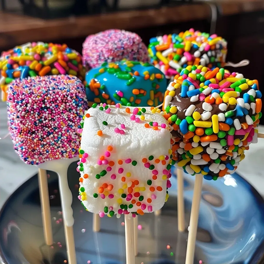 Side view of vibrant Monster Marshmallow Pops decorated with candy melts and edible decorations.