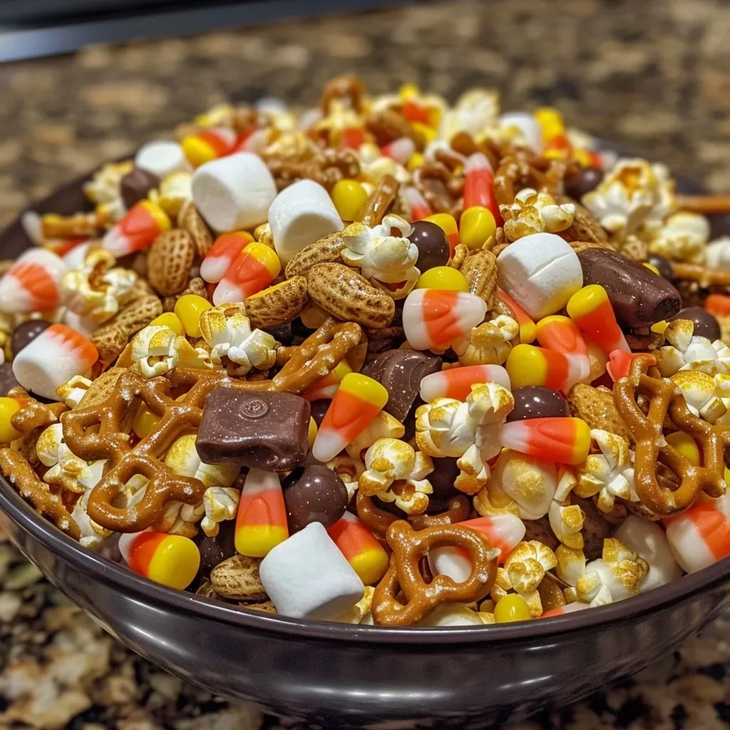 Side view of a vibrant snack mix featuring popcorn, pretzels, and candies.