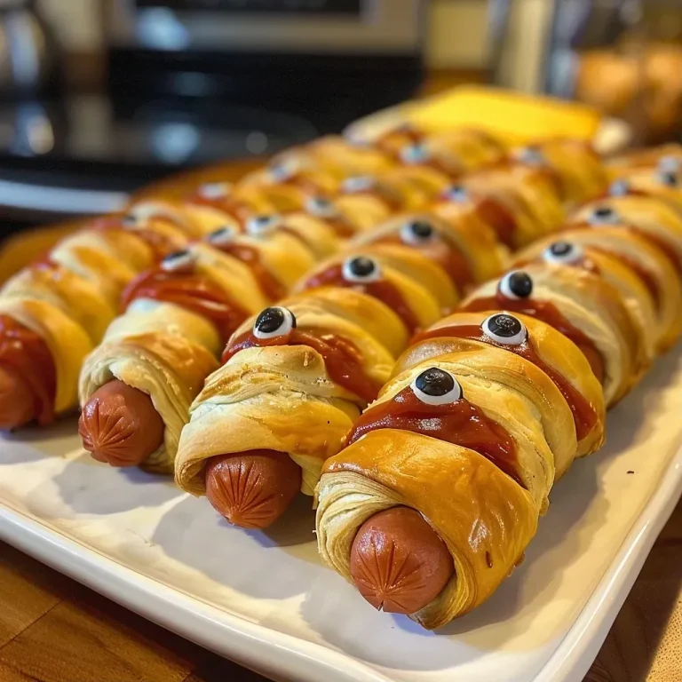 Spooktacular Mummy Dogs: A Fun Twist on a Classic Favorite Close-up view of Mummy Dogs made with hotdogs wrapped in crescent roll dough.