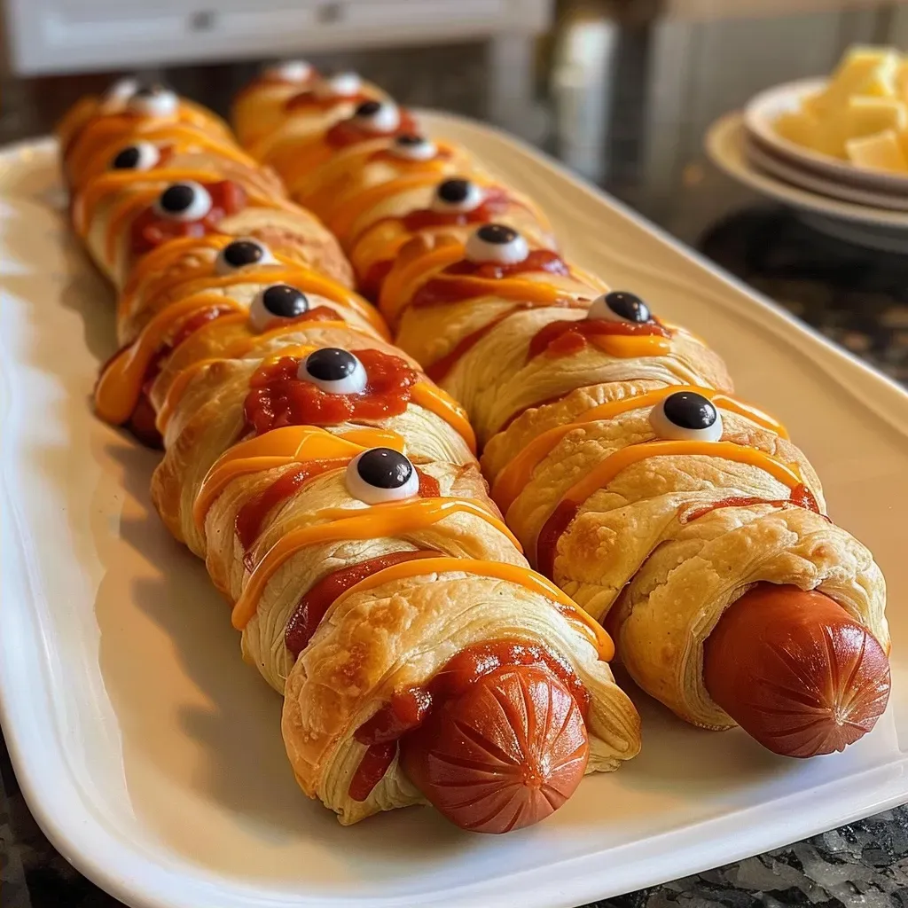 Juicy Mummy Dogs decorated with candy eyes and served with condiments.