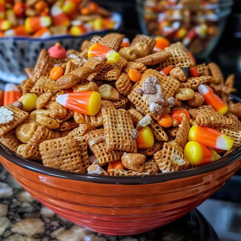 Spooktacular Snacking: Create Your Own Mummy Munch Halloween Chex Mix A close-up side view of a colorful bowl of Mummy Munch Halloween Chex Mix.