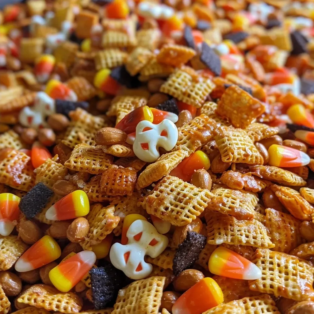 A detailed image of Halloween-themed Chex Mix featuring candy corn, nuts, and pretzels.