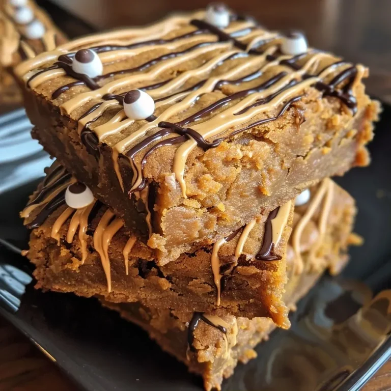 Close-up view of Mummy Pumpkin Blondies decorated with candy eyes.