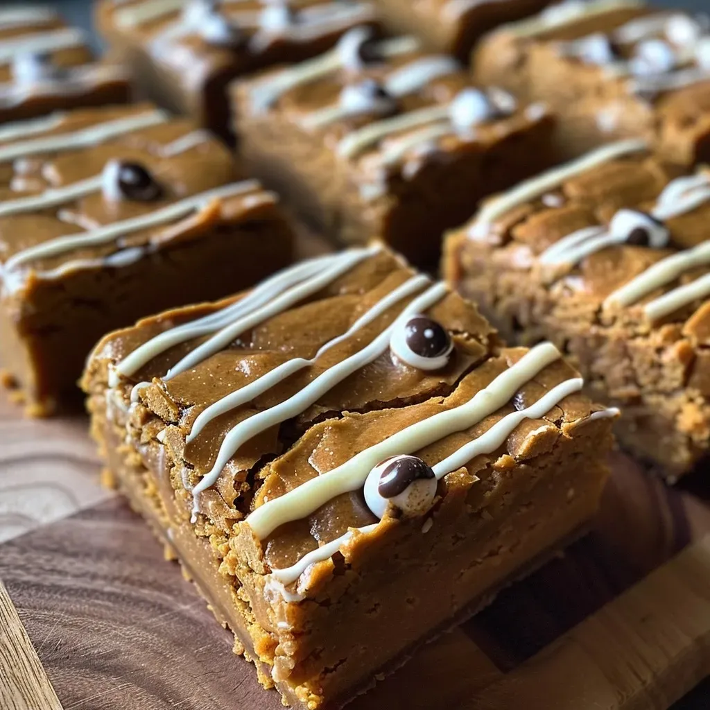 Side view of juicy Mummy Pumpkin Blondies with a pumpkin hue and white chocolate drizzle.