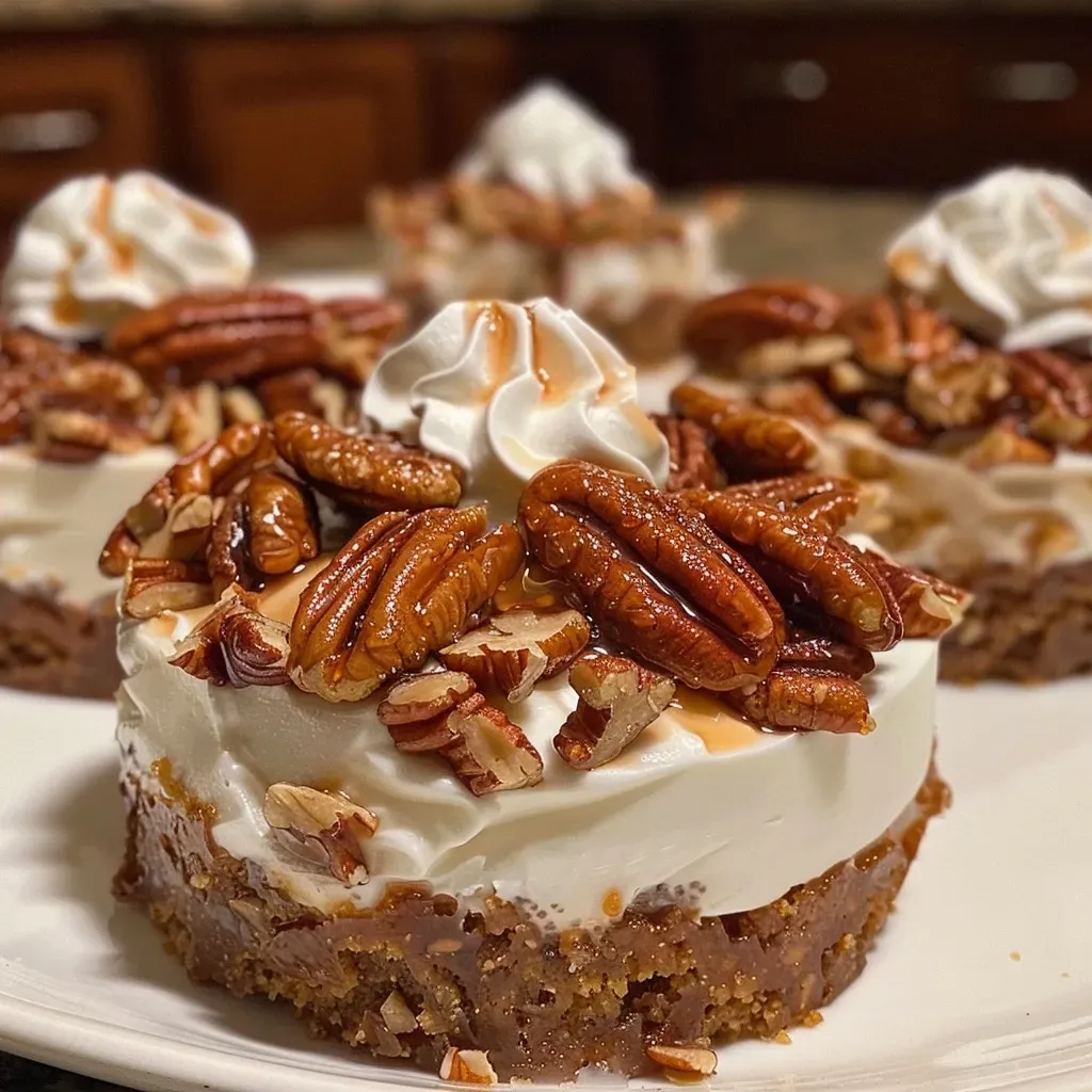 Side view of a bourbon pecan pie cheesecake with a glossy topping and visible pecans.