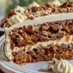 Close-up view of a slice of carrot cake with cream cheese frosting and walnuts.