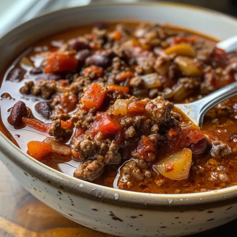 Embracing Flavor: A Comforting Paleo Apple Cider Chili Recipe Close-up of a hearty bowl of Paleo Apple Cider Chili with visible chunks of meat and apples.