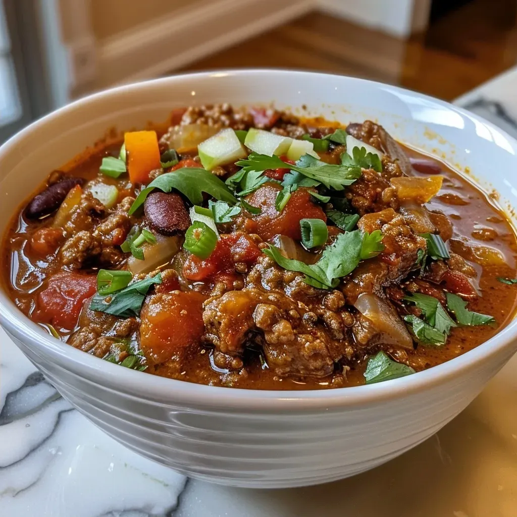 Side view of a steaming bowl of chili featuring ground beef and green apple pieces.