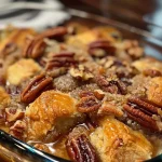 Close-up of a freshly baked pecan cobbler with a golden-brown top and visible pecan chunks.