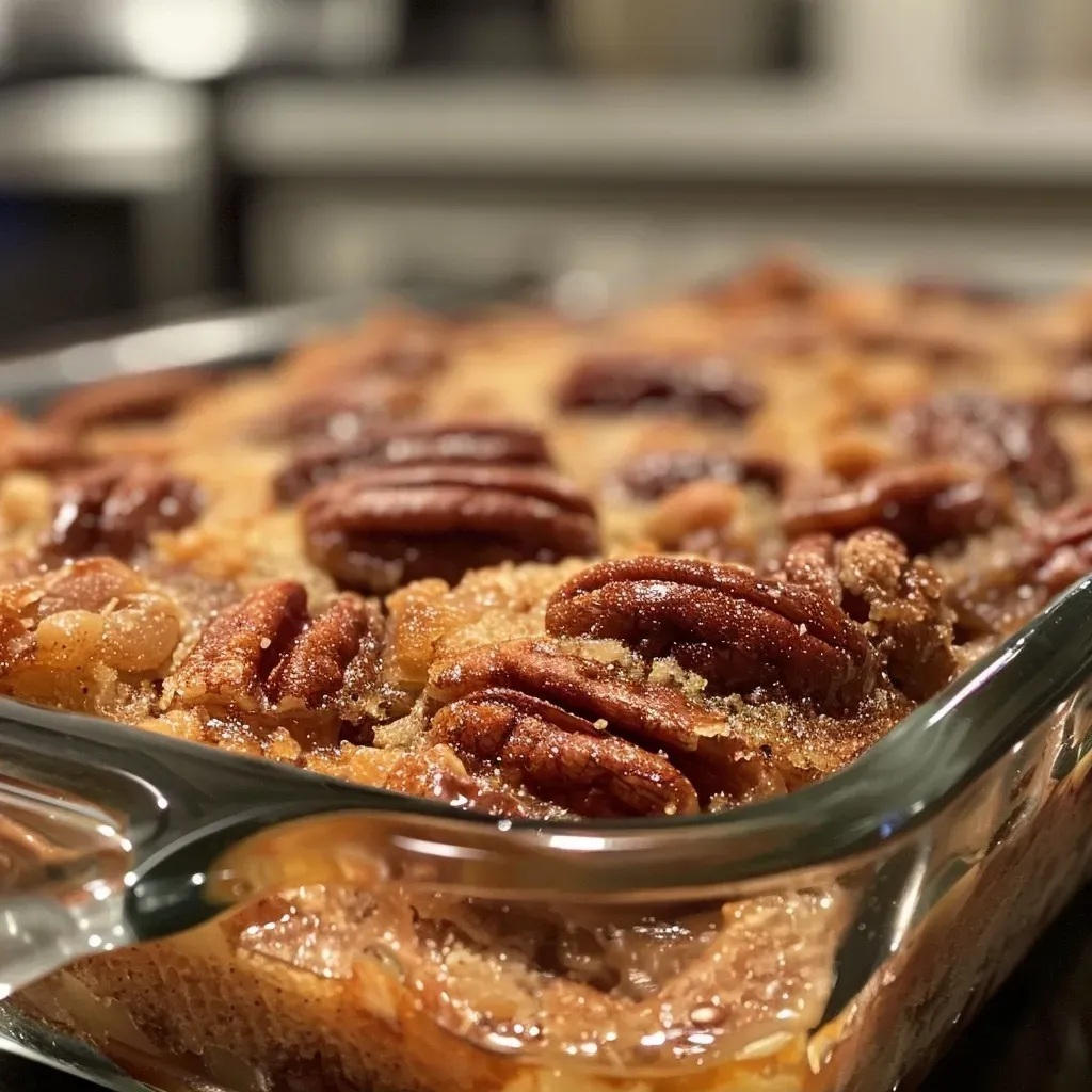 Side view of a warm pecan cobbler, showcasing its gooey texture and pecans on top.