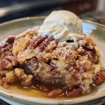 Close-up of a warm, gooey pecan pie cobbler with a golden brown crust.