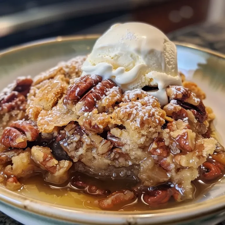Close-up of a warm, gooey pecan pie cobbler with a golden brown crust.
