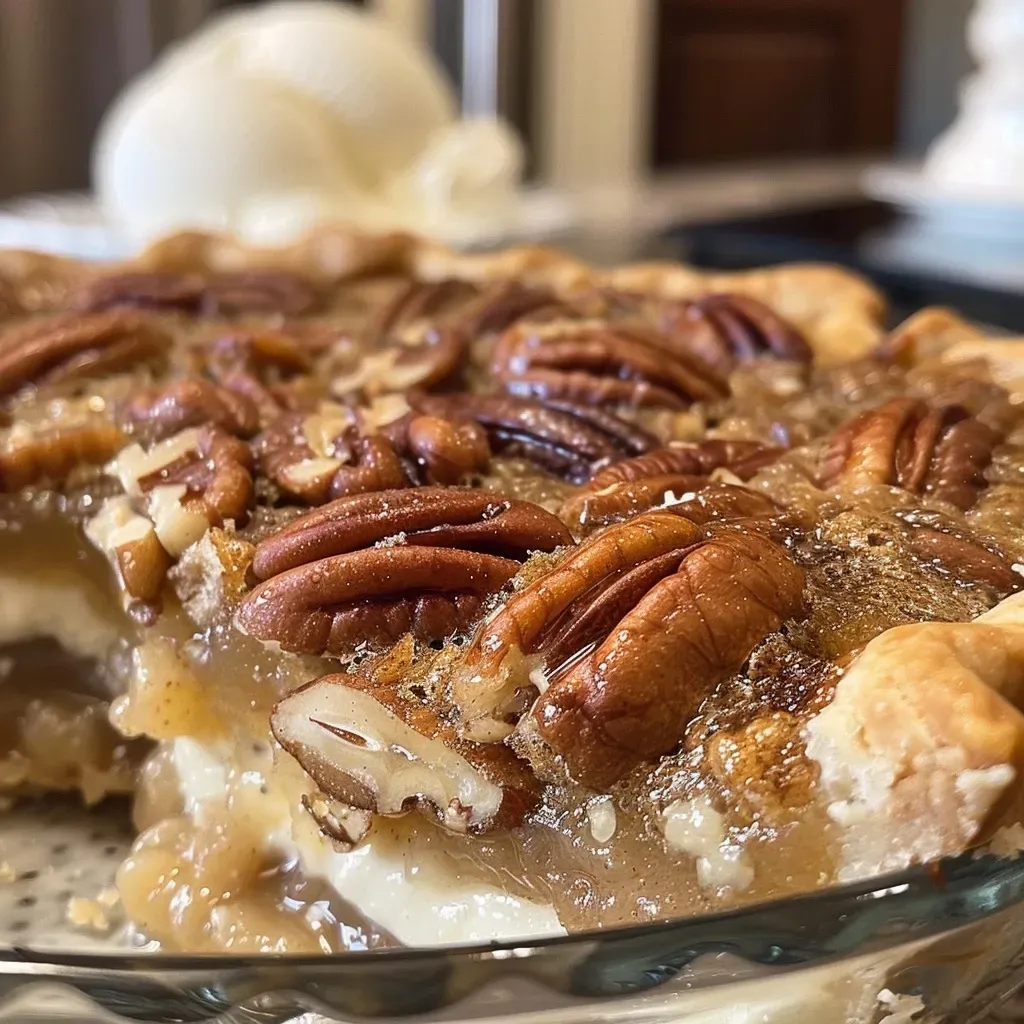 Side view of a delicious pecan pie cobbler, highlighting the pecans and syrupy filling.