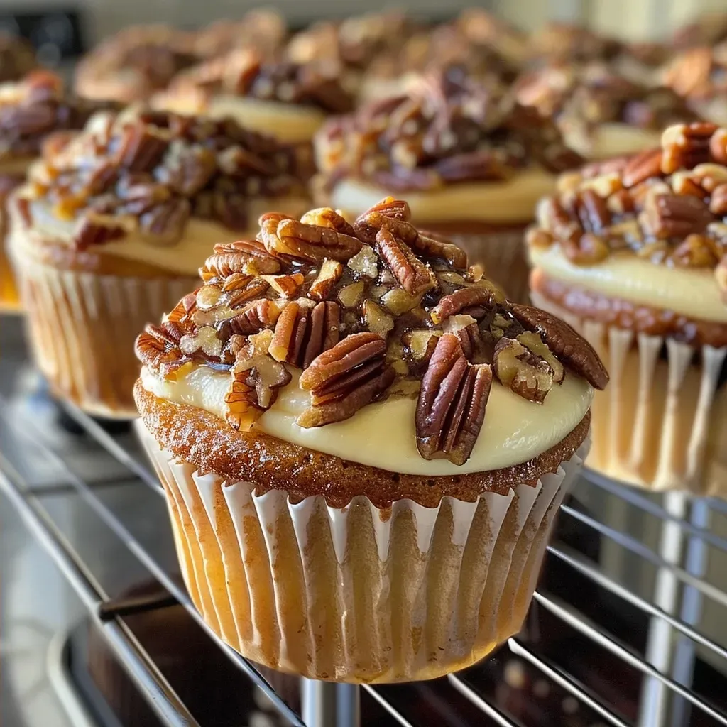 Delicious Pecan Pie Cupcakes with cream cheese frosting and pecan garnish.