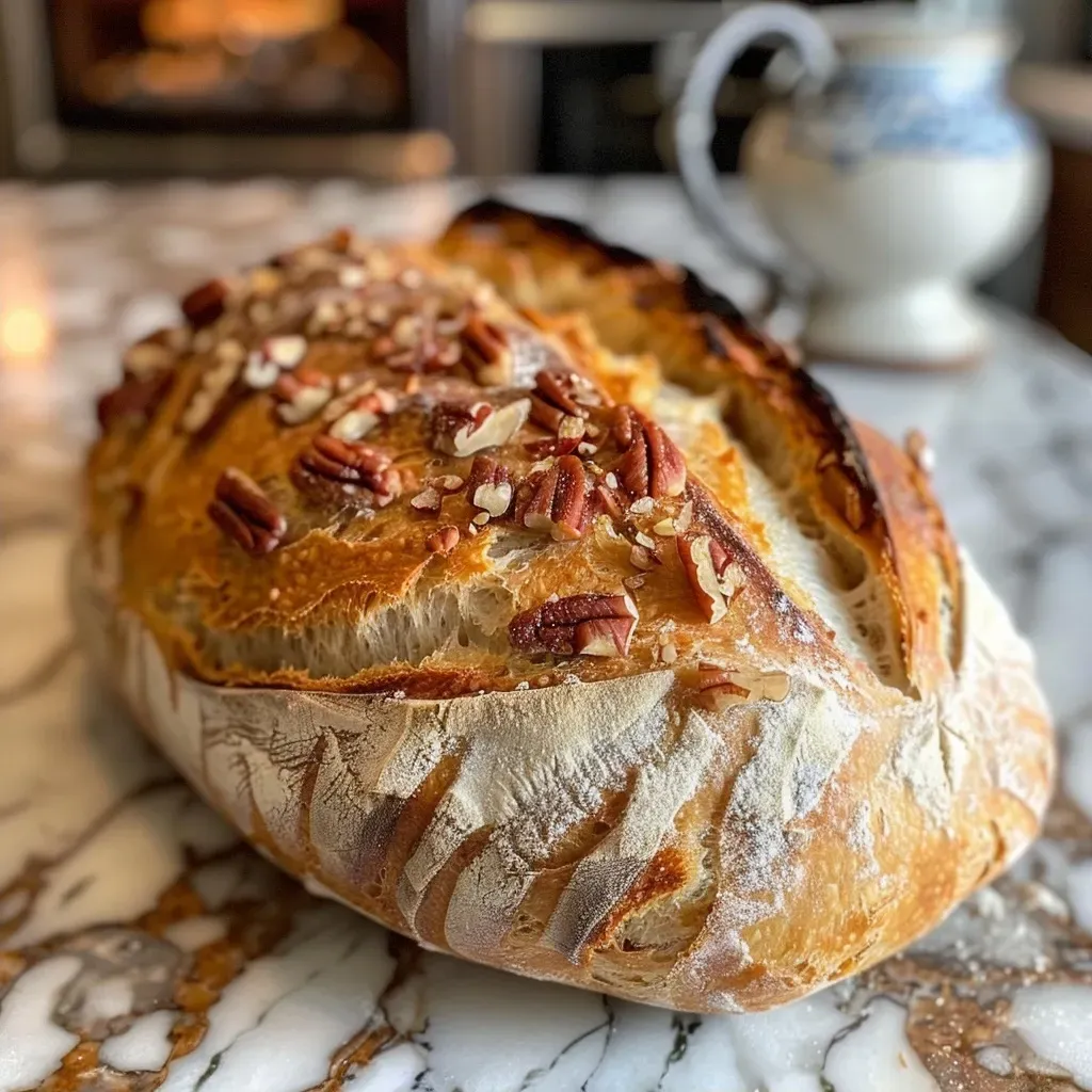 Side view photo of freshly baked Pecan Sourdough Bread with a golden crust and visible pecans.