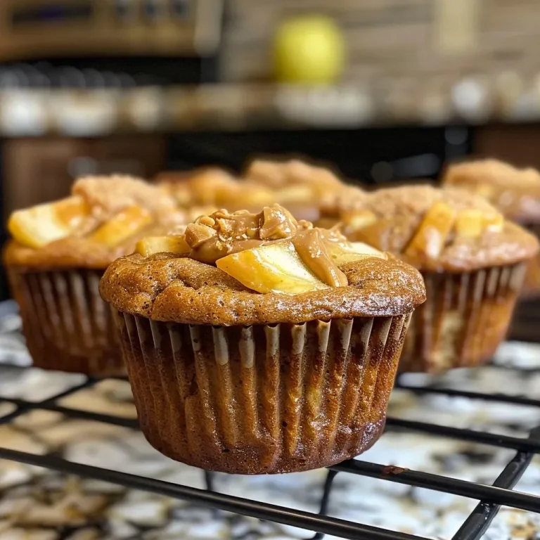 Close-up side view of delicious Protein Apple Muffins with visible apple chunks and a golden-brown top.