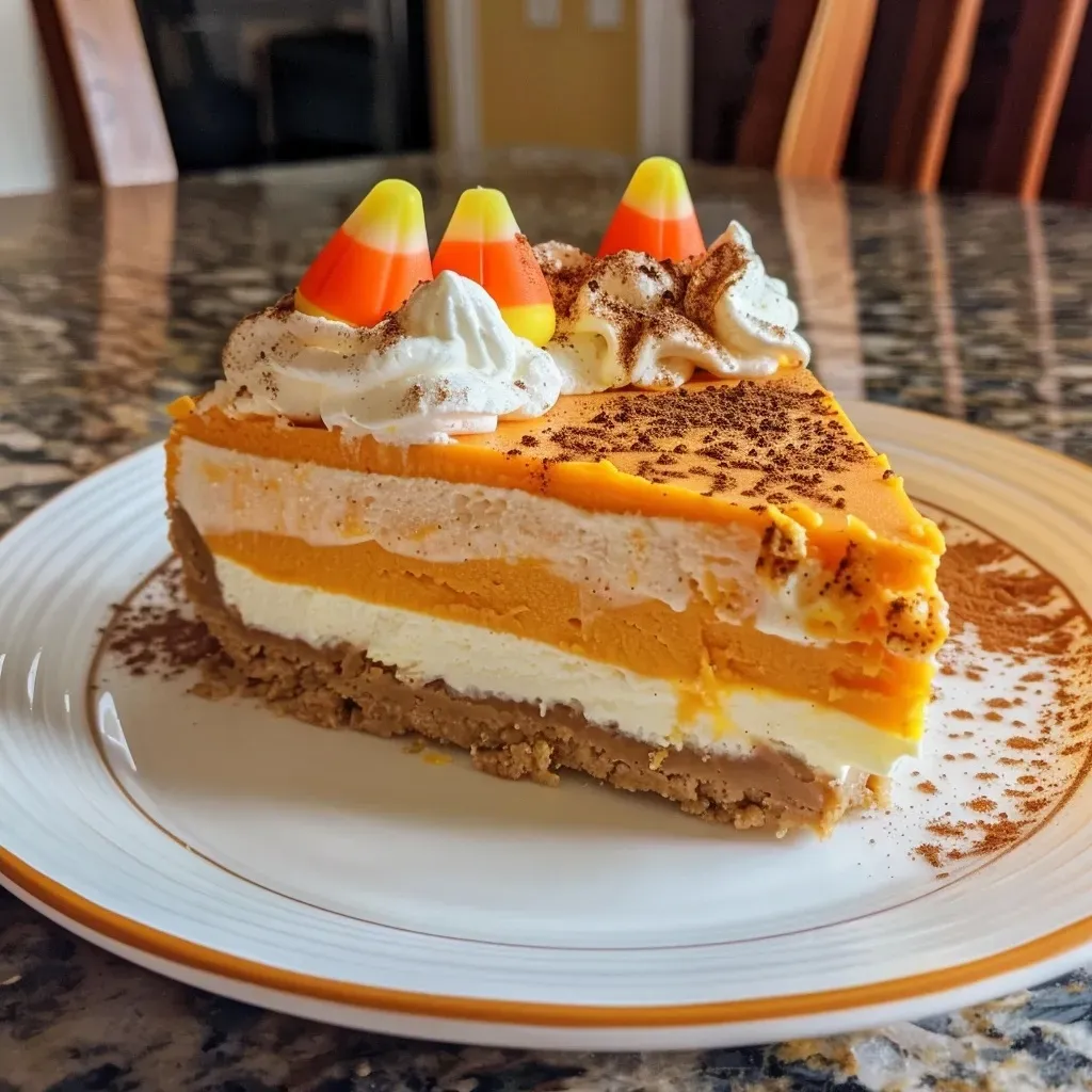 Close-up of a slice of Protein Candy Corn Cheesecake decorated with colorful candy corn pieces.