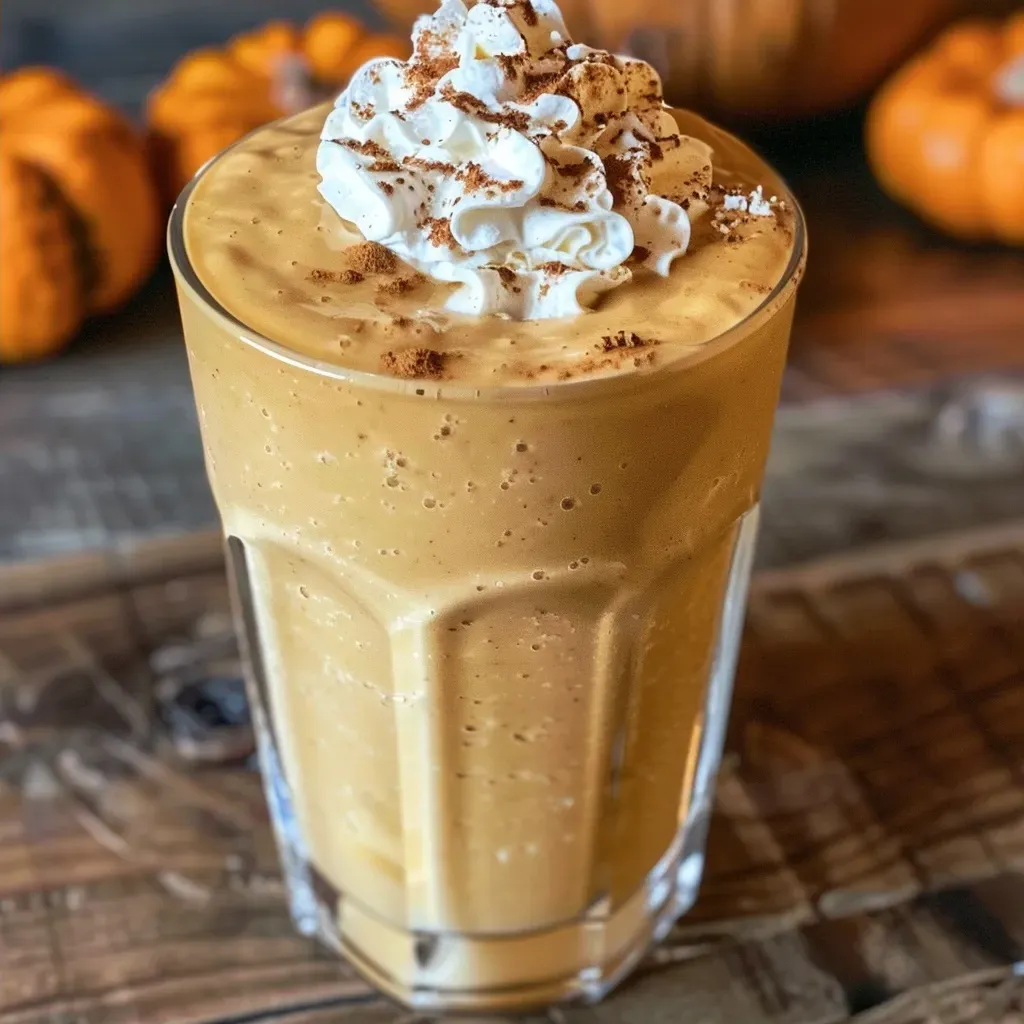 Side view of a tall glass filled with a vibrant orange shake, topped with a swirl of whipped cream.
