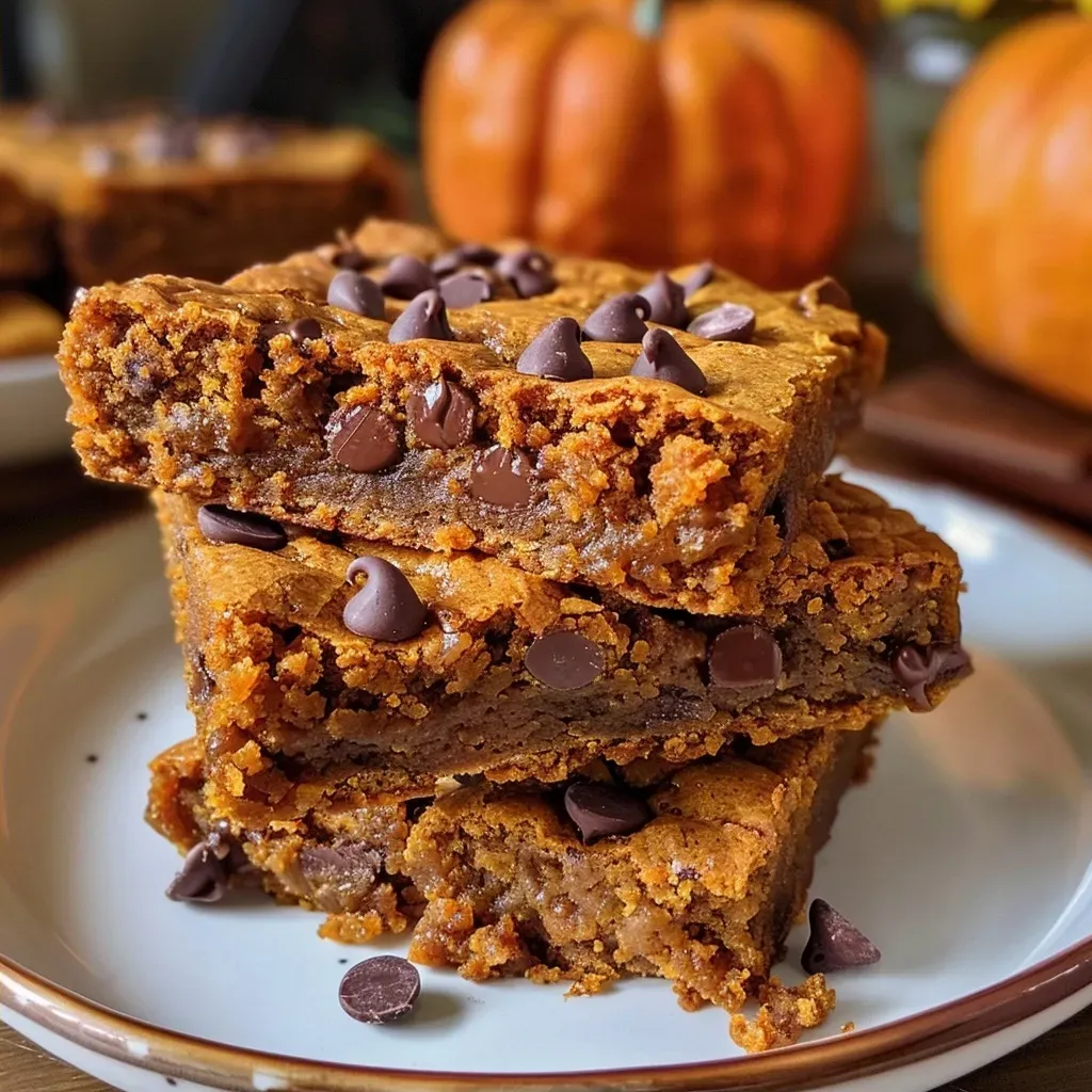 Side angle of golden pumpkin blondies with a rich, gooey texture.