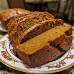 Close-up side view of moist pumpkin bread topped with a glossy maple glaze.