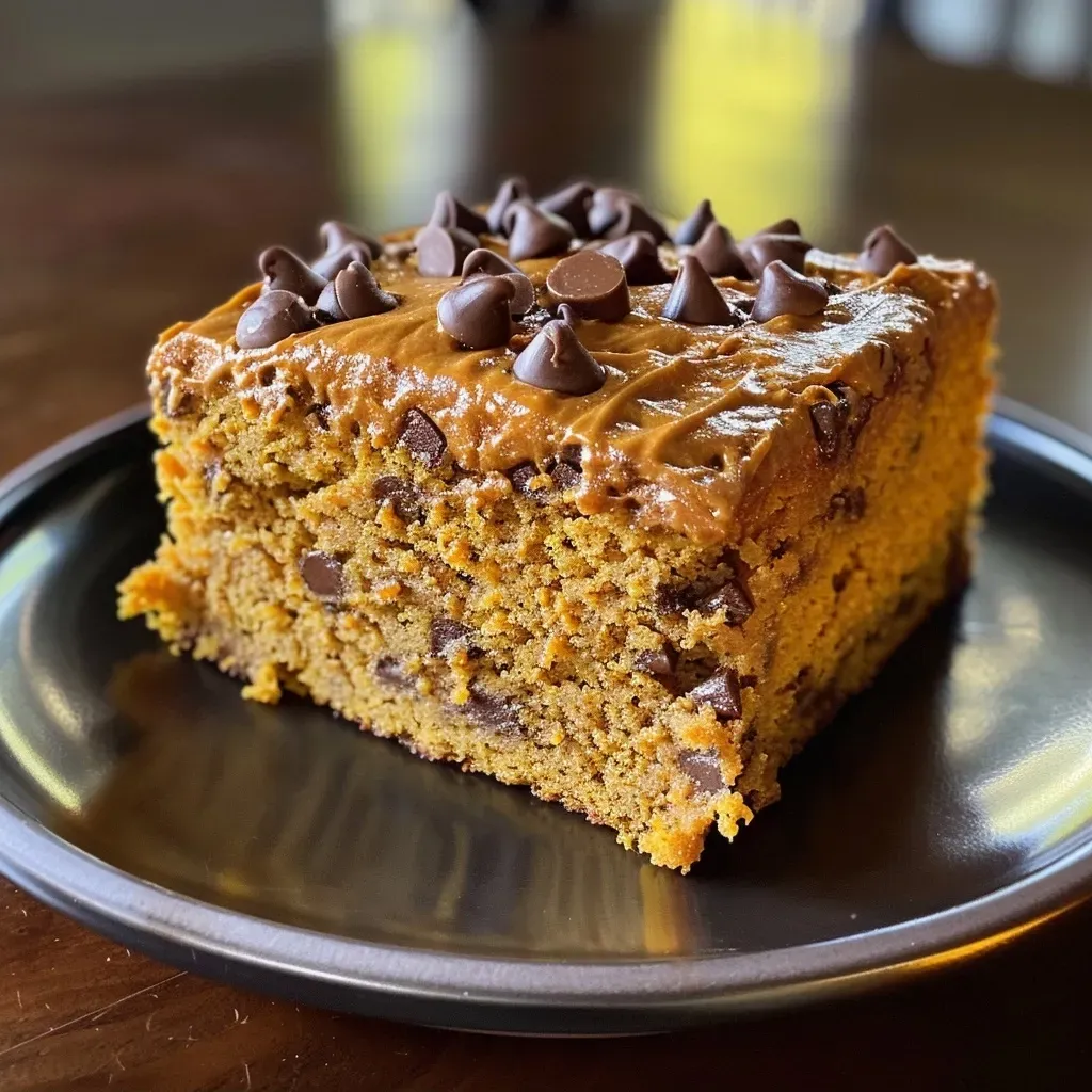 A slice of pumpkin chocolate chip cake revealing layers of creamy frosting and chocolate chips.