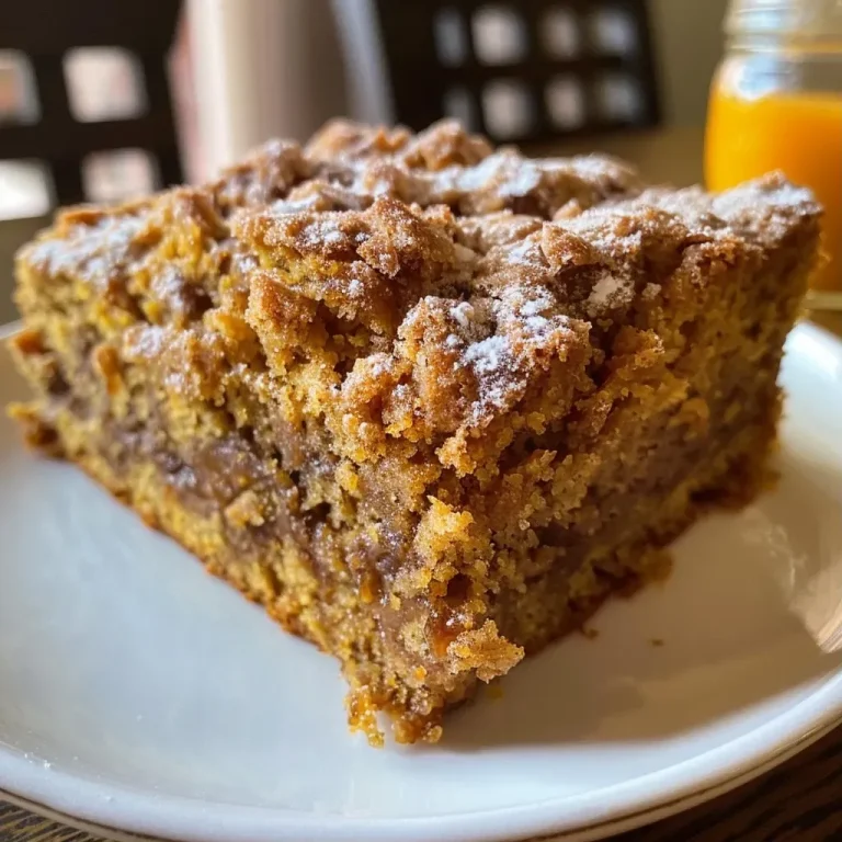 Embracing Autumn with a Deliciously Moist Pumpkin Coffee Cake A close-up side view of a moist pumpkin coffee cake topped with streusel.