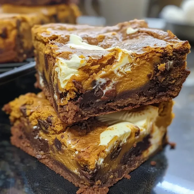 A close-up side view of golden-brown Pumpkin Cream Cheese Blondies on a wooden surface.