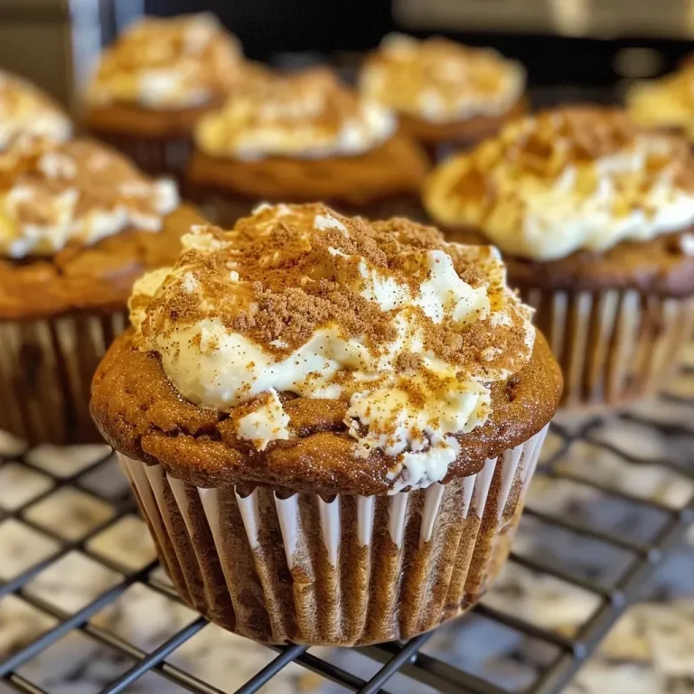 Close-up side view of a pumpkin cream cheese muffin with a golden-brown top.