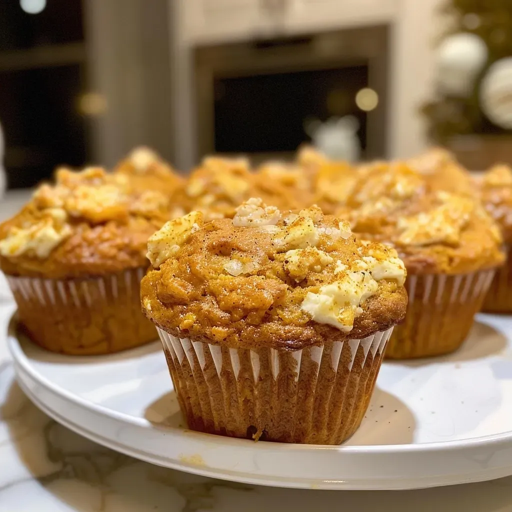 Delicious pumpkin cream cheese muffin displayed on a wooden surface, showcasing its moist texture.
