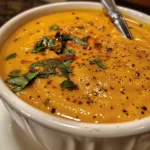 Close-up view of a creamy Pumpkin Curry Soup in a bowl.