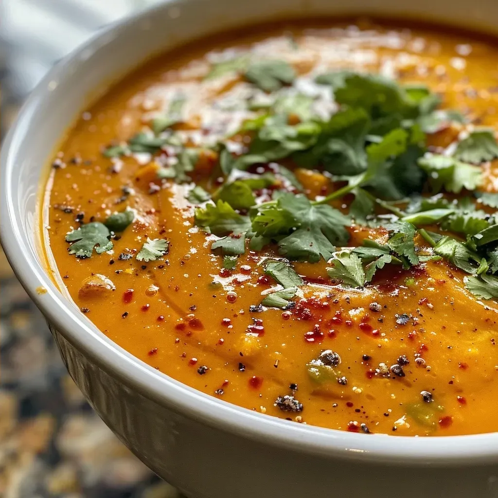 Side view of vibrant orange Pumpkin Curry Soup garnished with herbs.