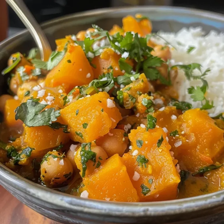 A close-up view of a bowl of pumpkin curry with chickpeas and coconut, showcasing vibrant colors.