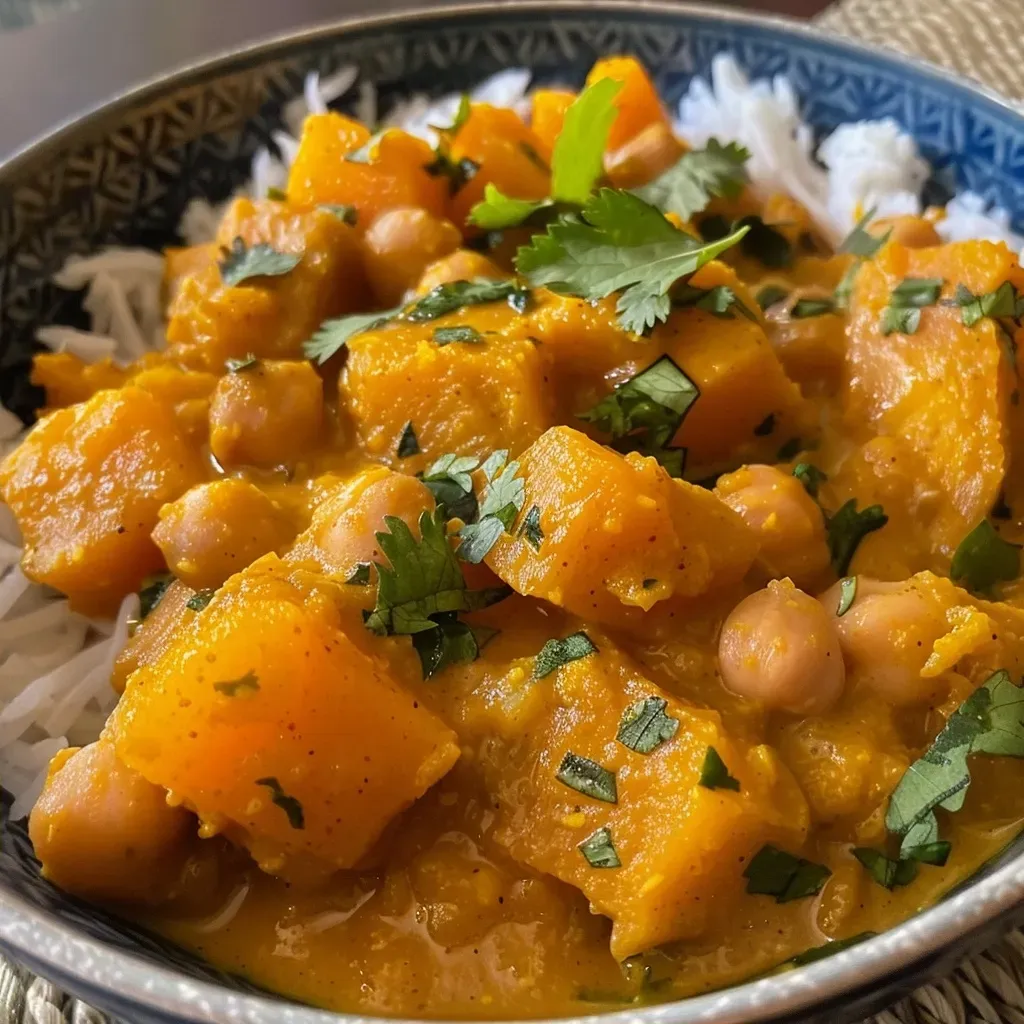Side view of creamy pumpkin curry with chickpeas, garnished with herbs and coconut, in a rustic bowl.