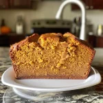 A close-up side view of a moist pumpkin loaf on a wooden cutting board.