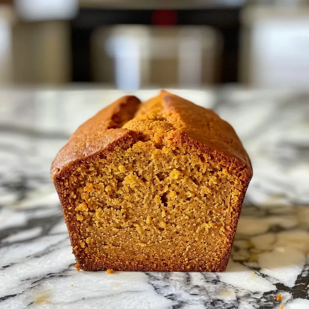 A slice of pumpkin loaf showcasing its rich texture and spices visible.