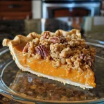 A close-up side view of a golden-brown pumpkin pie topped with streusel.